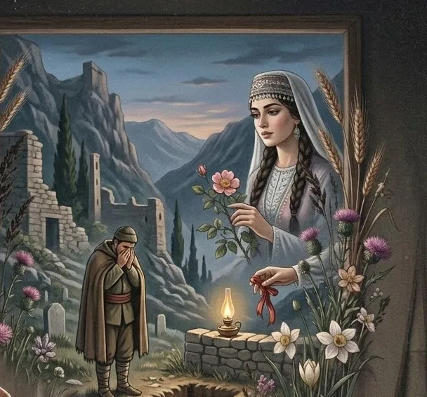 Yaylada düşünceli bir kadın