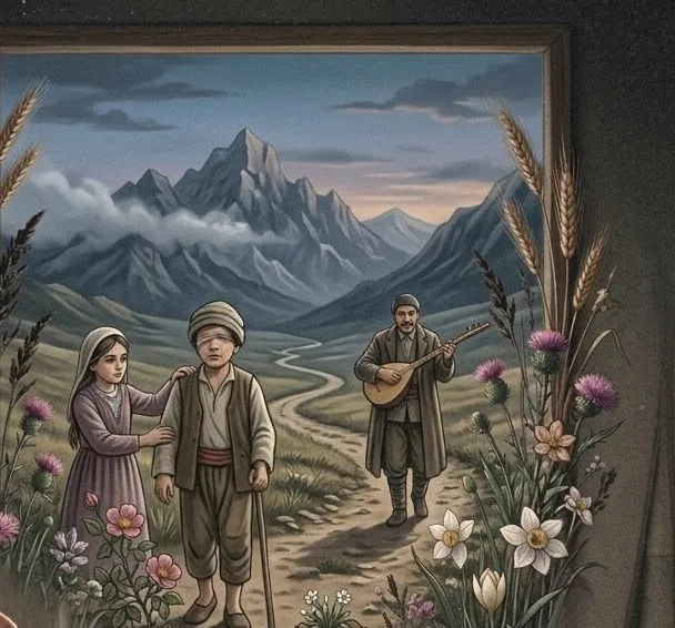 Uzun ince bir yolda sazıyla yürüyen âşık